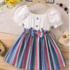 TAGAS Toddler Girls Striped Print Puff Sleeve Bow Front Dres... - Image 2